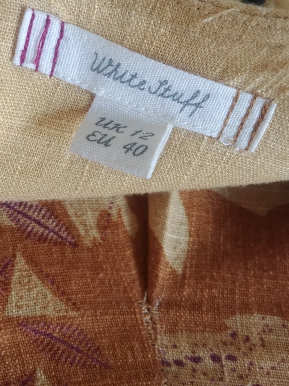 White Stuff UK linen blend midi dress deep yellow patterned dress V neck - Picture 12 of 15